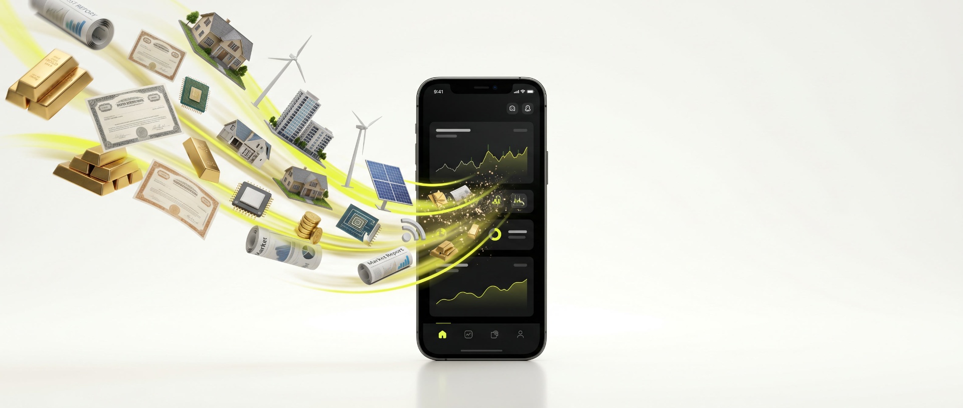 Nuxment Invest platform showcase with diverse assets flowing into the app